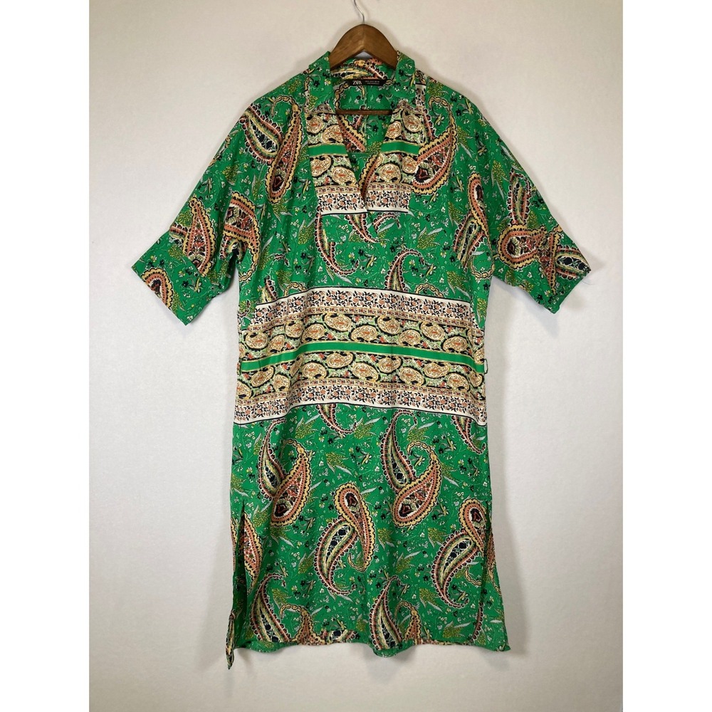 Boho Zara Womens Size Small Green Paisley Floral Notched Collar Tunic Dress